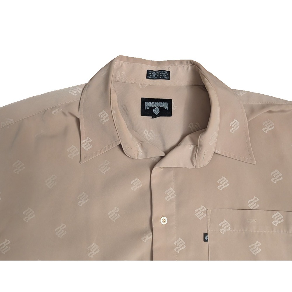 Vintage Rocawear Short Sleeve Button Down Shirt Mens XL Tan All Over Print Y2K